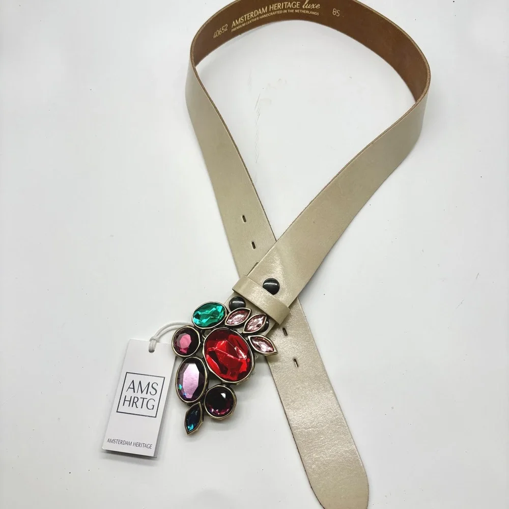 Amsterdam Heritage Luxe Cream Leather Multicolor Jewel Buckle Belt 85 Small NWT